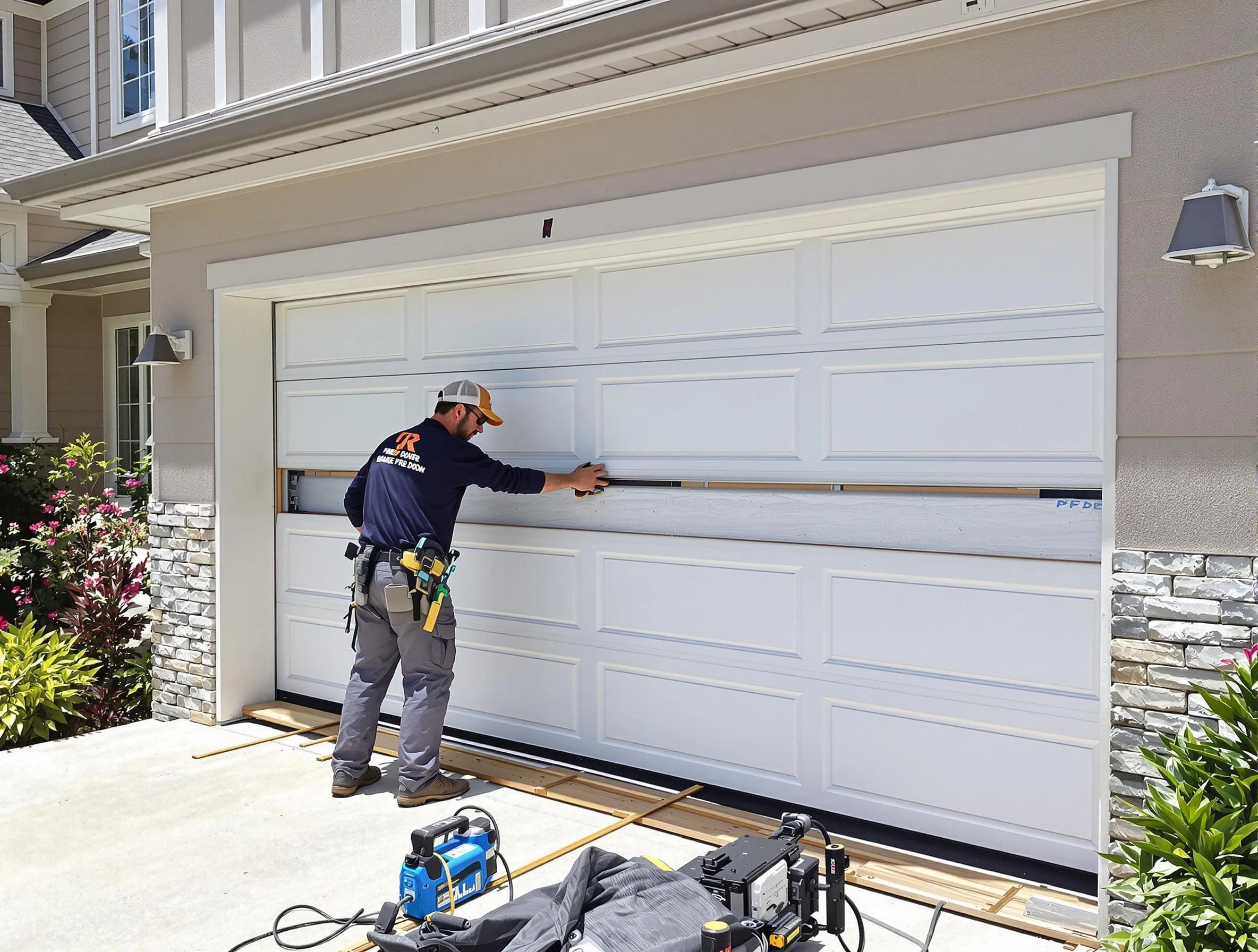 Highland Park Garage Door Repair team performing complete garage door replacement at Highland Park residence